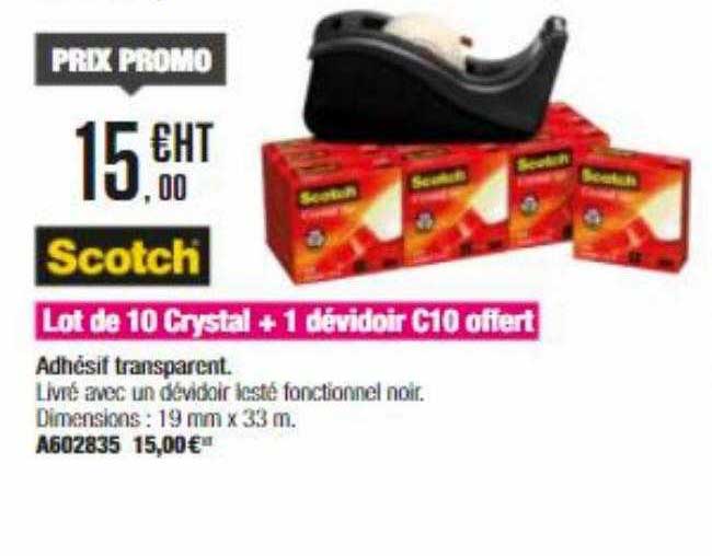 scotch lot de 10 crystal + 1 dévidoir c10 offert adhésif transparent