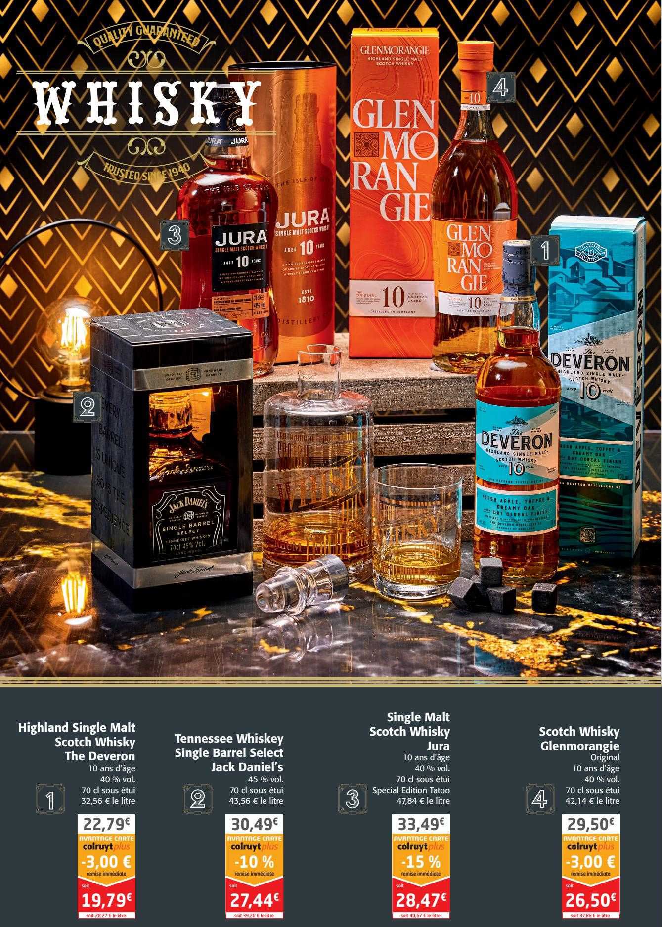 highland single malt scotch whisky the deveron, tennessee whiskey single barrel select jack daniel's, single malt scotch whisky jura, scotch whisky glenmorangie