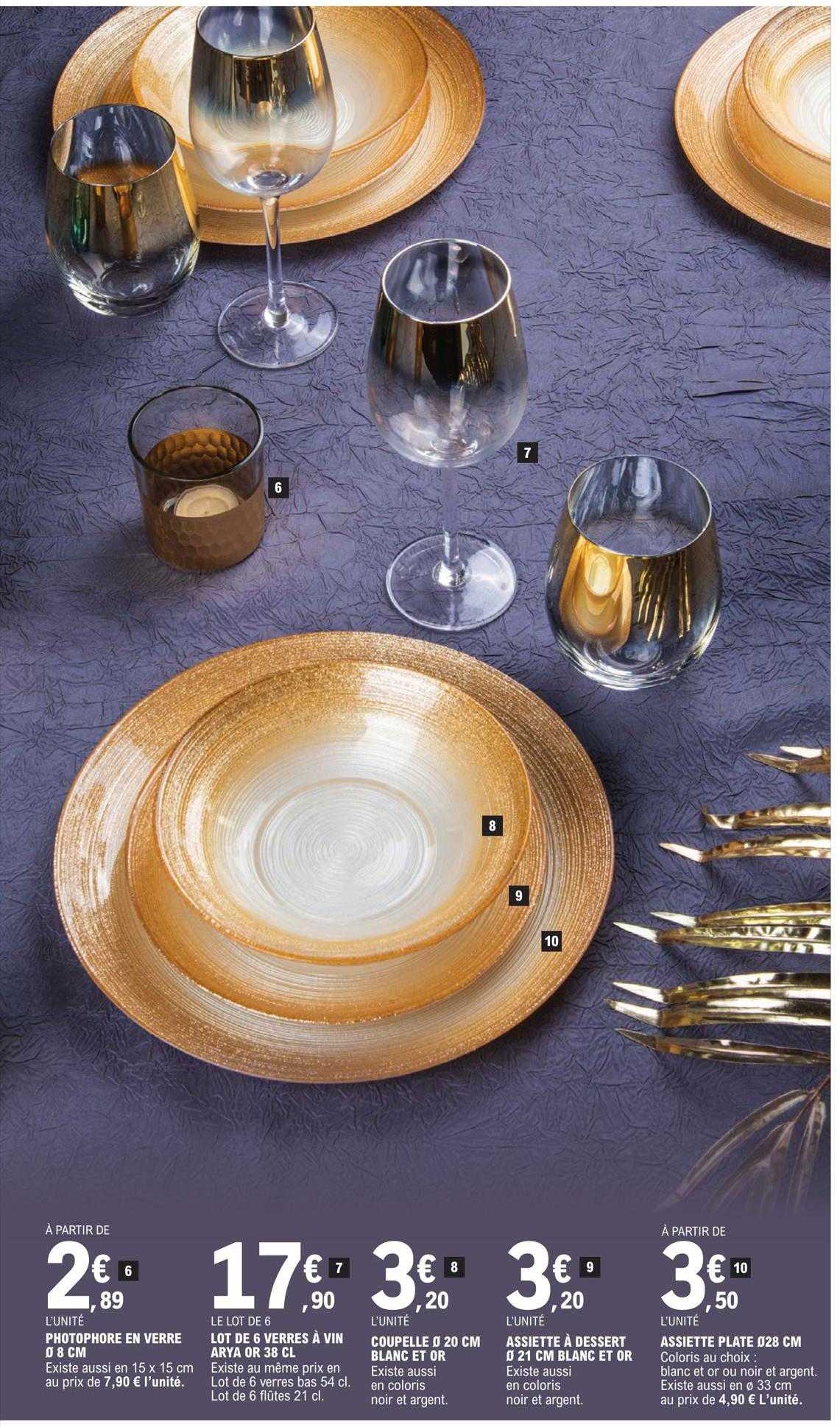 photophore en verre ø 8 cm, lot de 6 verres à vin arya or 38 cl, coupelle ø 20 cm blanc et or , assiette à dessert ø 21 cm blanc et or, assiette plate ø 28 cm