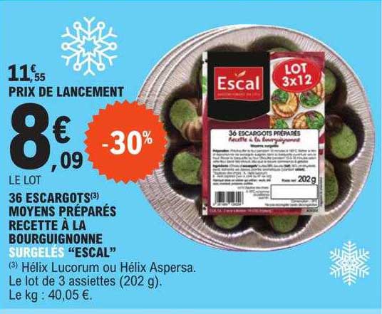 36 escargots moyens préparés recette à la bourguignonne surgelés "escal"
