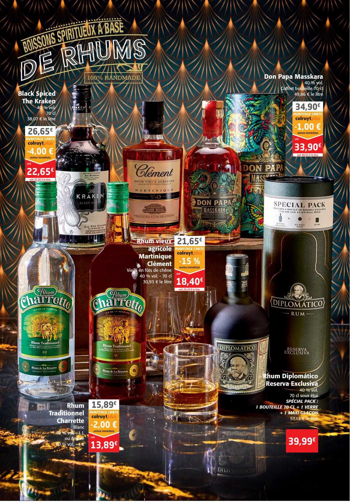 black spiced the kraken, don papa masskara, rhum vieux agricole martinique clément, rhum traditionnel charrette, rhum diplomático reserva exclusiva