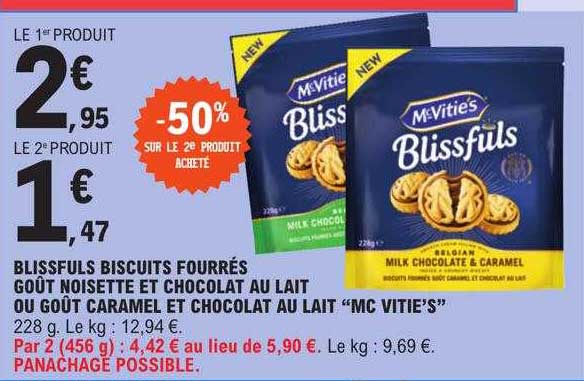 blissfuls biscuits fourrés goût noisette et chocolat au lait ou goût caramel et chocolat au lait "mc vitie's"