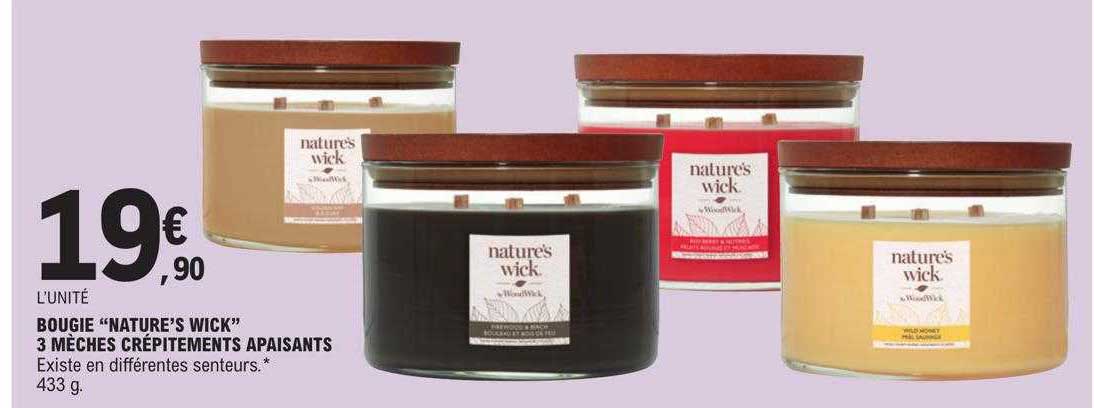bougie "nature's wick" 3 mèches crépitements apaisants