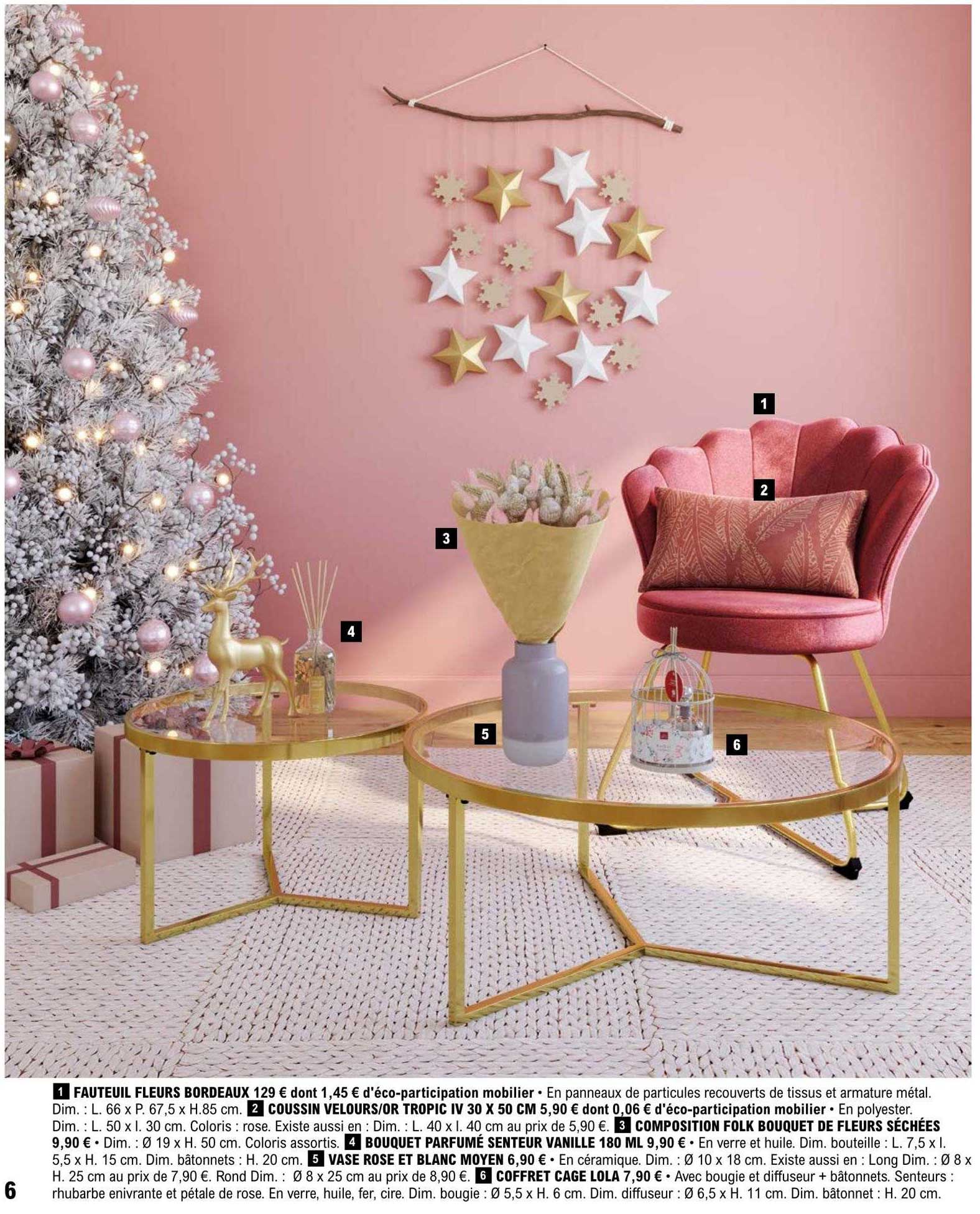 fauteuil fleurs bordeaux, coussin velours - or tropic IV 30 x50 cm, composition folk bouquet de fleurs séchées, bouquet parfumé senteur vanille 180 ml, vase rose et blanc moyen, coffret cage lola