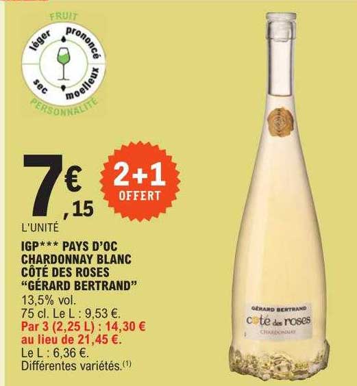igp pays d'oc chardonnay blanc côté des roses "gérard bertrand"