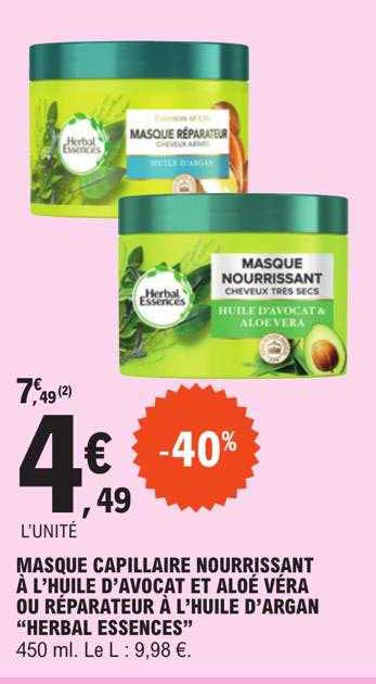 masque capillaire nourrissant à l'huile d'avocat et aloé véra ou réparateur à l'huile d'argan "herbal essences"