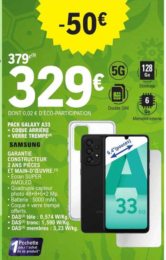 pack galaxy a33 + coque arrière + verre trempé samsung