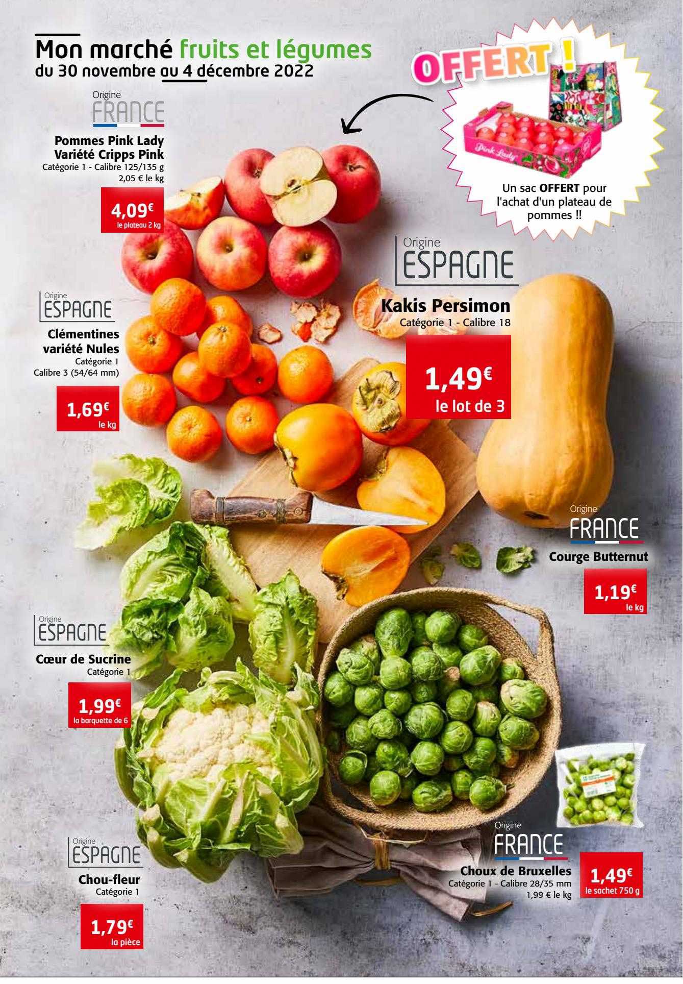 pommes pink lady variété cripps pink, clémentines variété nules, kakis persimon, courge butternut, choux de bruxelles, chou-fleur, cœur de sucrine