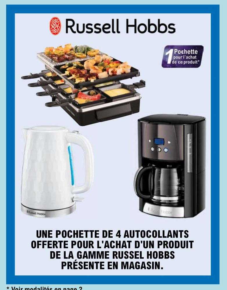 une pochette de 4 autocollants offerte pour l'achat d'un produit de la gamme russel hobbs