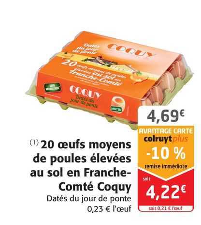 20 œufs moyens de poules élevées au sol en franche-comté coquy