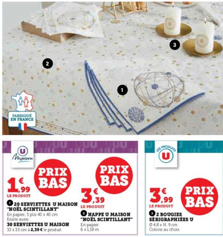 20 serviettes u maison "noël scintillant", 30 serviettes u maison, nappe u maison "noël scintillant", 2 bougies sérigraphiées u