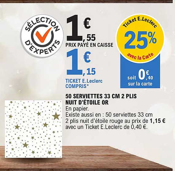 50 serviettes 33 cm 2 plis nuit d'étoile or