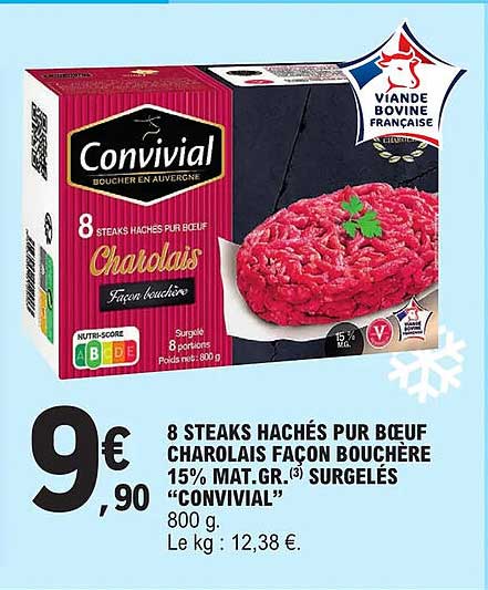 8 steaks hachés pur bœuf charolais façon bouchère 15% mat.gr. surgelés "convivial"