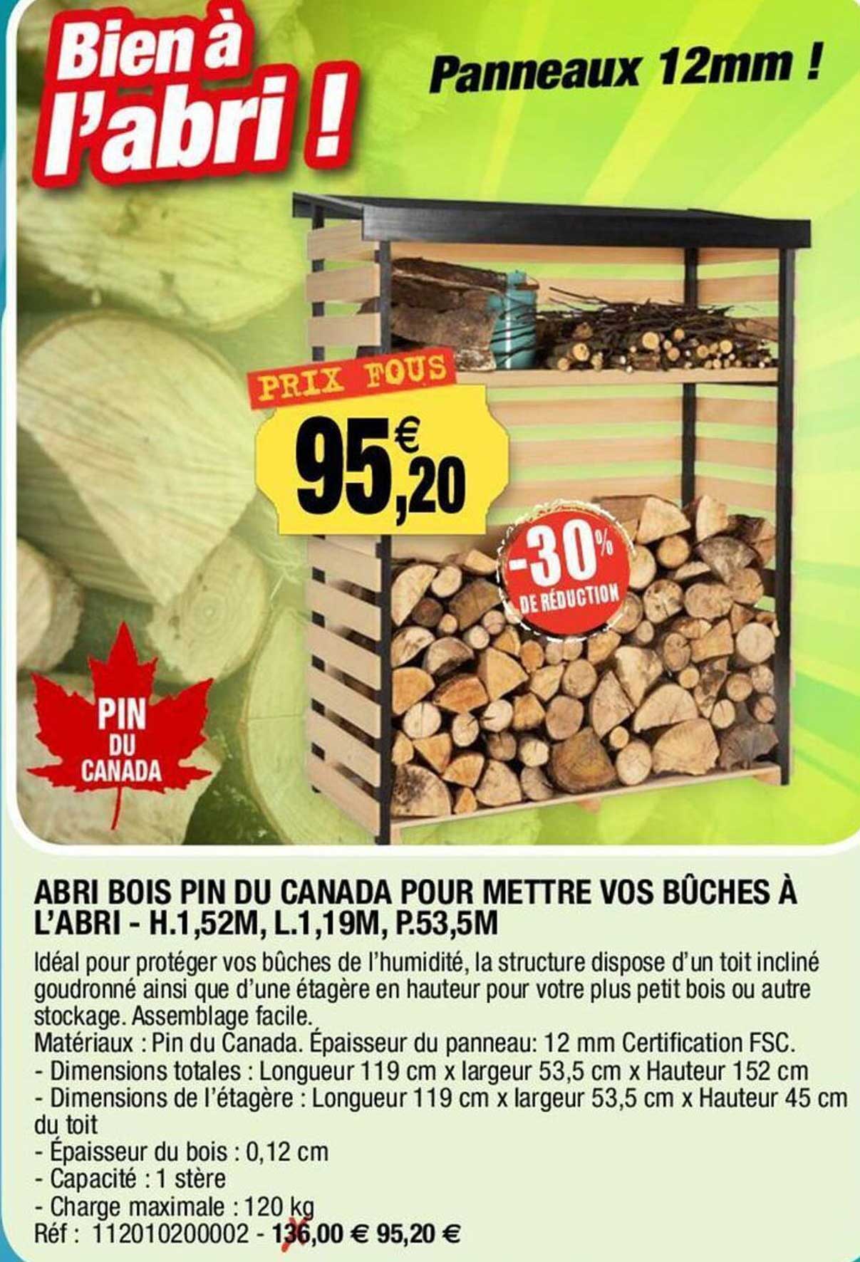 abri bois pin du canada pour mettre vos bûches à l'abri - h.1.52m l.1.19m p.53.5m