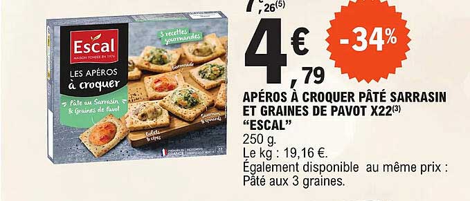 apéros à croquer pâté sarrasin et graines de pavot x 22 "escal"