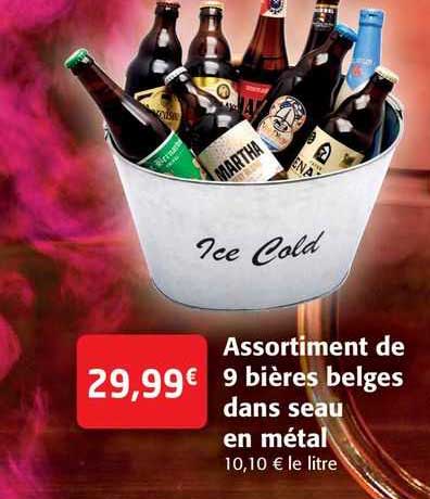 assortiment de 9 bières belges dans seau en métal