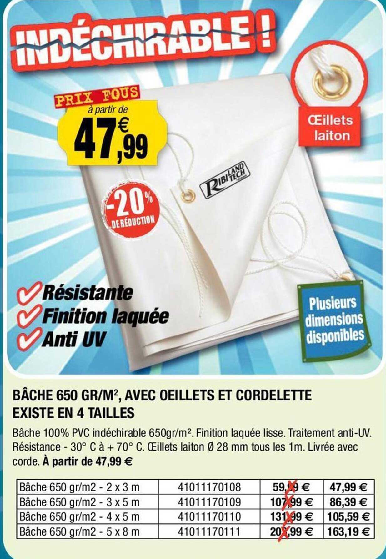 bâche 650 gr/m2 avec oeillets et cordelette existe en 4 tailles