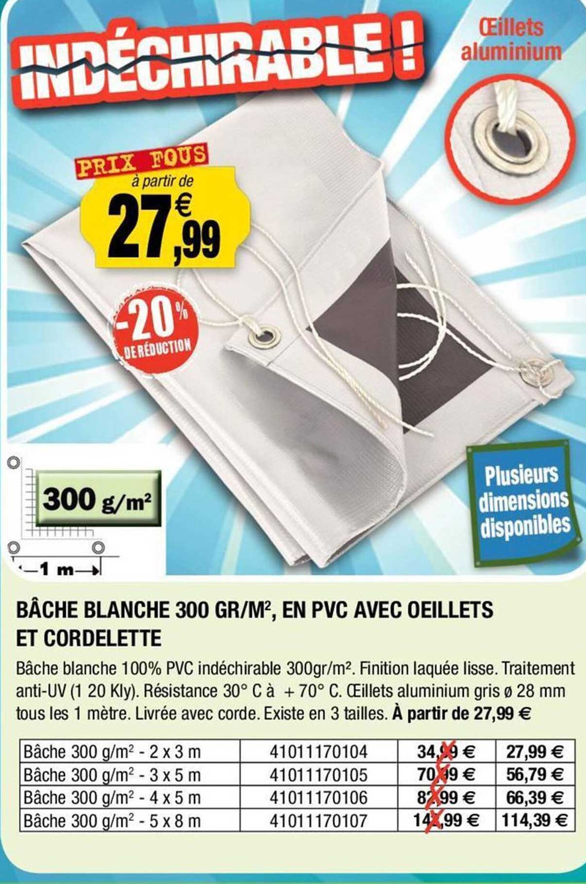 bâche blanche 300 gr/m2 en pvc avec oeillets et cordelette