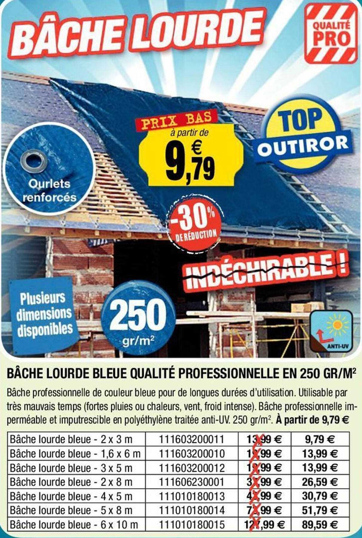 bâche lourde bleue qualité professionelle en 250 gr/m2