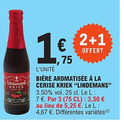 bière aromatisée à la cerise kriek "lindemans" 2+1 offert