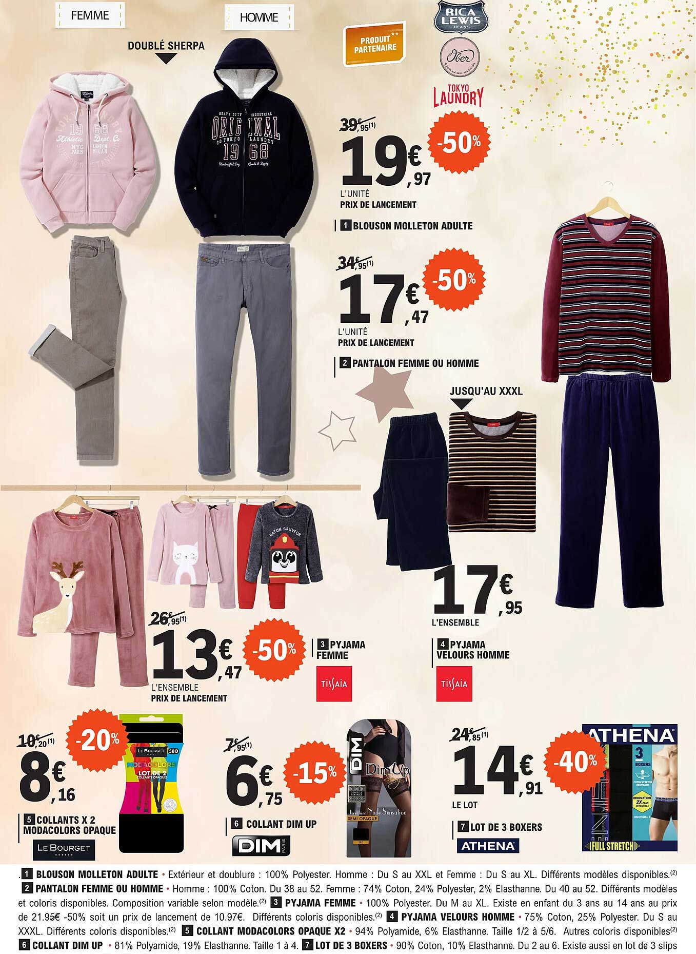 blouson molleton adulte, pantalon femme ou homme, pyjama femme, pyjama velours homme, collant modacolors opaque x 2, collant dim up, lot de 3 boxers