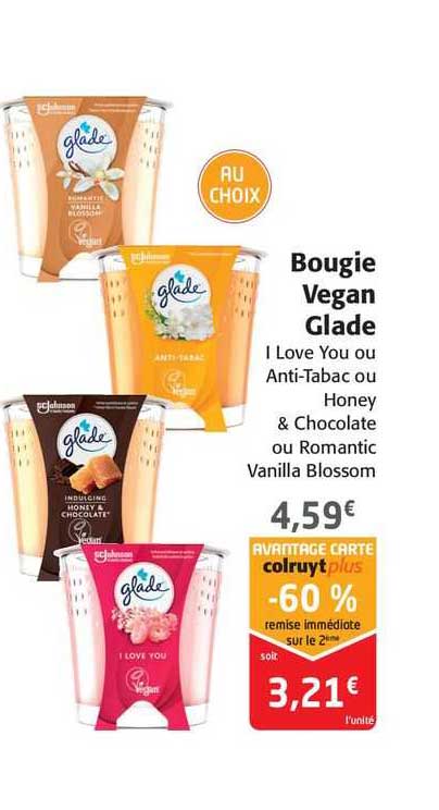 bougie vegan glade i love you ou anti-tabac ou honey & chocolate ou romantic vanilla blossom