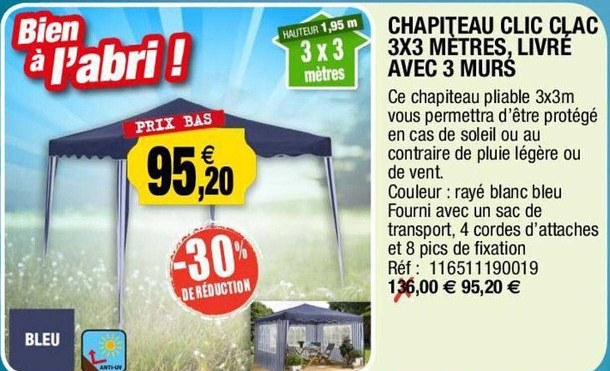 chapiteau clic clac 3x3 mètres livré avec 3 murs