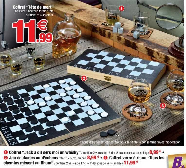 coffret "tête de mort", coffret "jack a dit sers moi un whisky", jeu de dames ou d'échecs, coffret verre à rhum "tous les chemins mènent au rhum"