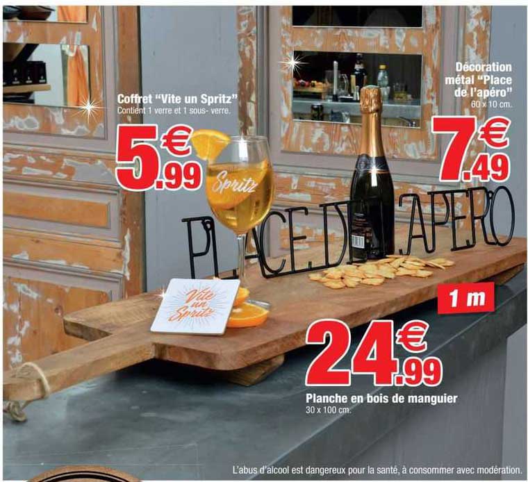 coffret "vite un spritz", décoration métal "place de l'apéro", planche en bois de manguier