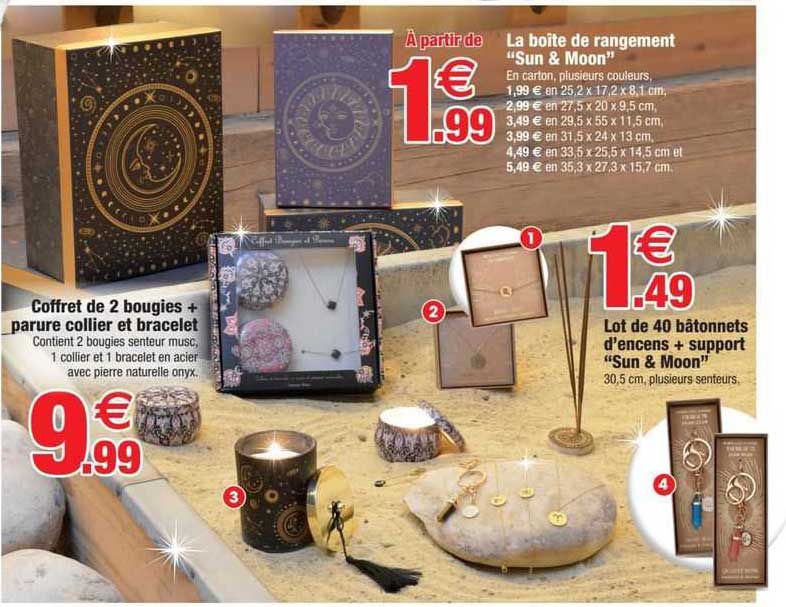 Coffret De 2 Bougies + Parure Collier Et Bracelet, La Boîte De Rangement "sun & Moon", Lot De 40 Bâtonnets D'encens + Support "sun & Moon"