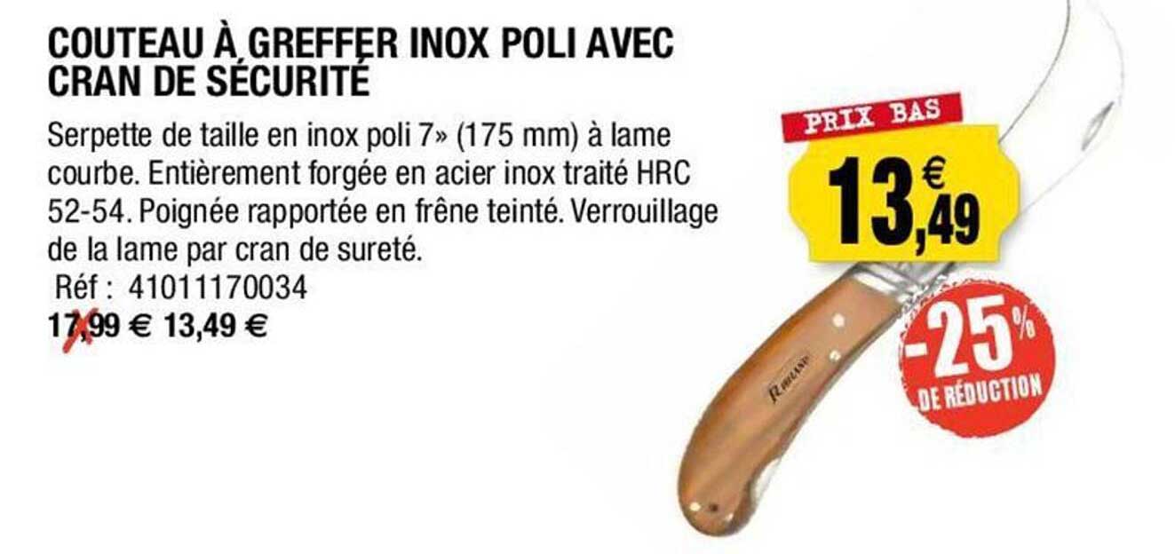 couteau à greffer inox poli avec cran de sécurité