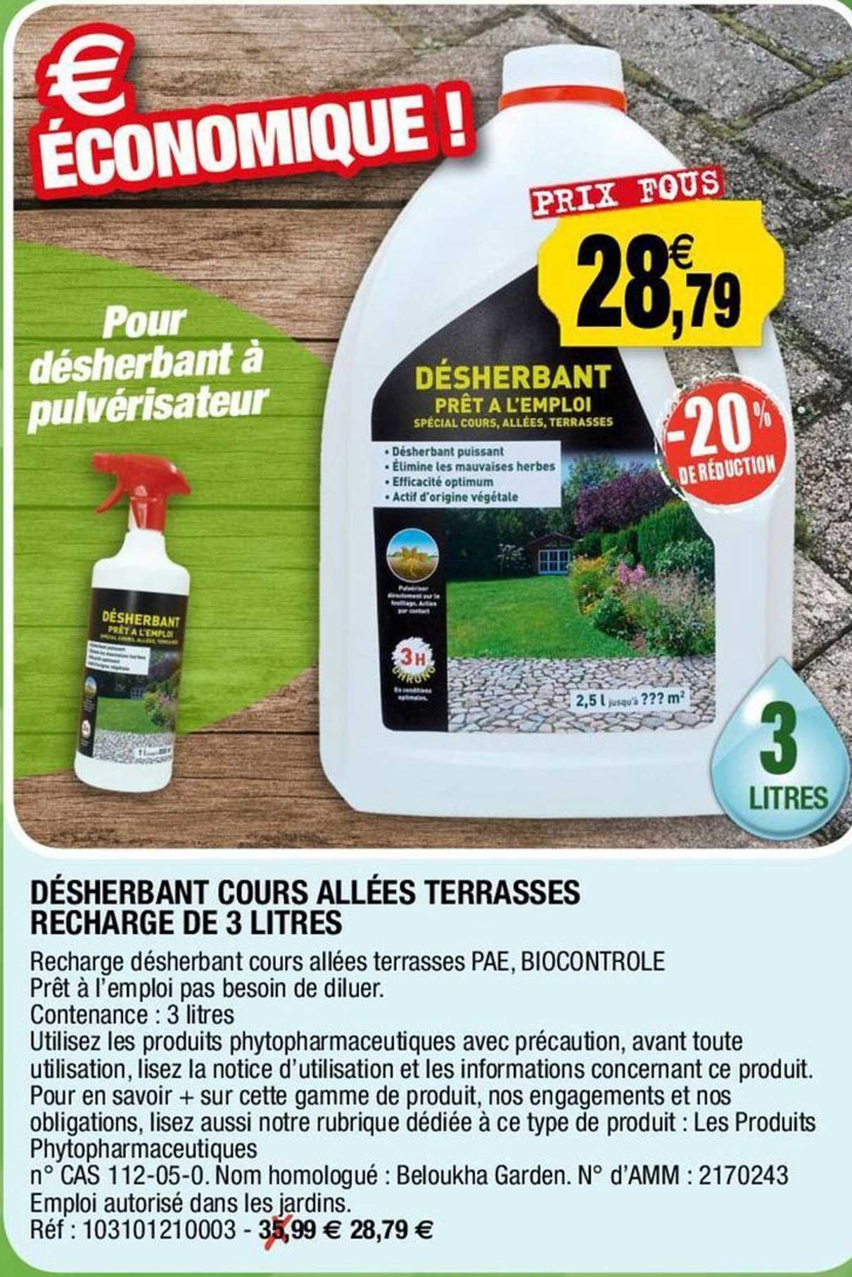 désherbant cours allées terrasses recharge de 3 litres