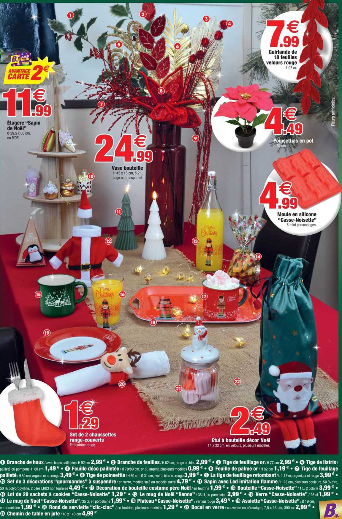 étagère sapin de noël", vase bouteille, poinsettias en pot, moule en silicone "casse-noisette", set de 2 chaussettes range-couverts, étui à bouteille décor noël