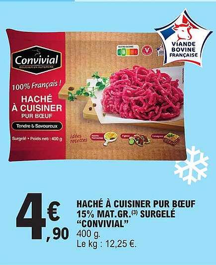 haché à cuisiner pur bœuf 15% mat.gr. surgelé "convivial"
