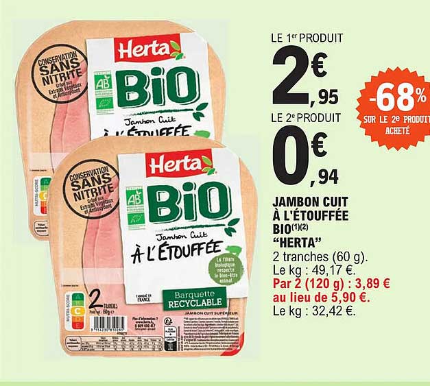 Jambon Cuit à L'étouffée Bio "herta"