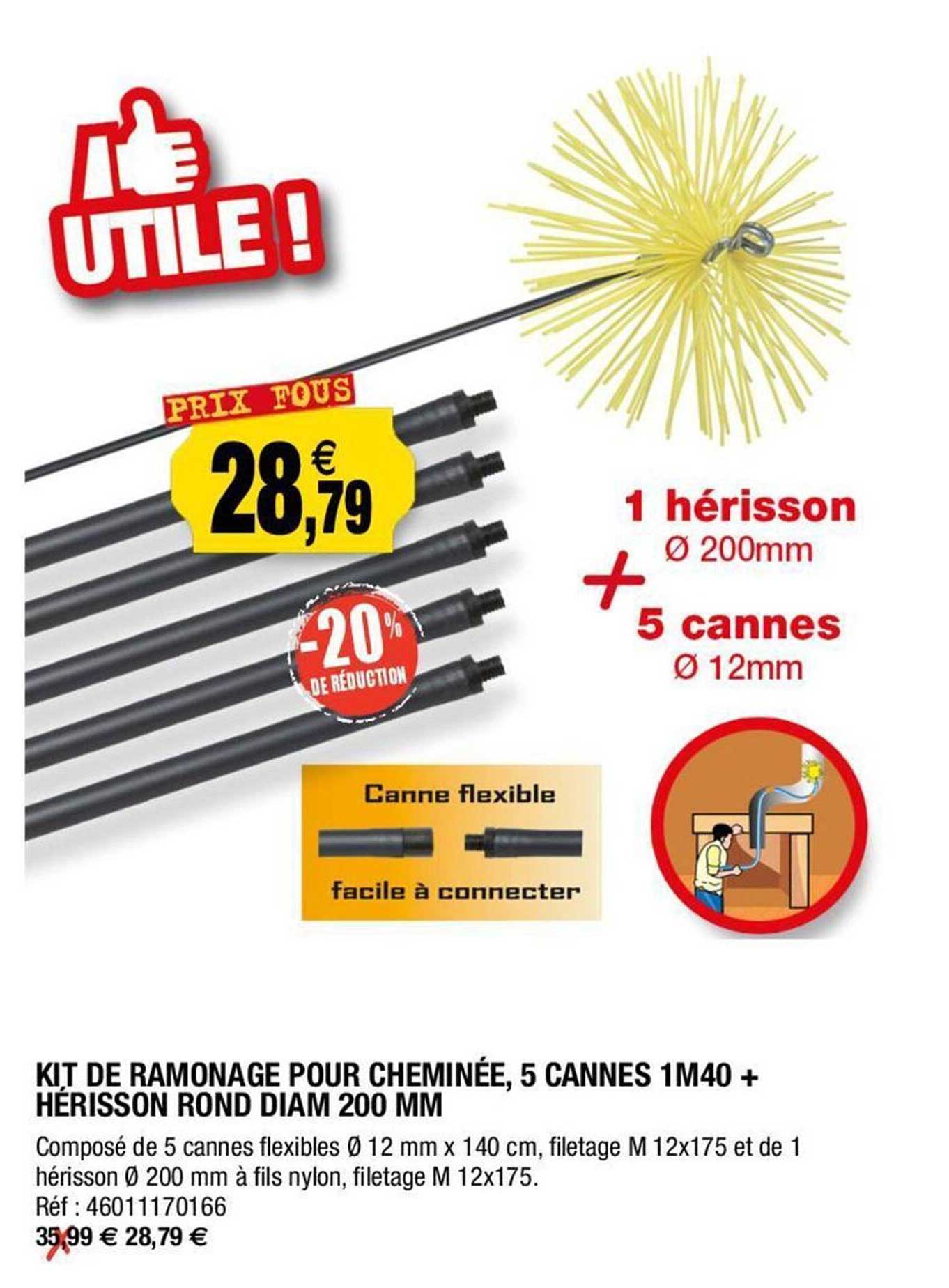kit de ramonage pour cheminée, 5 cannes 1 m 40 + hérisson rond diam 200 mm