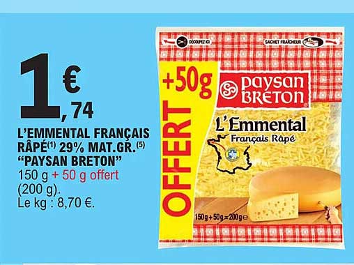 l'emmental français râpé 29% mat.gr. "paysan breton"