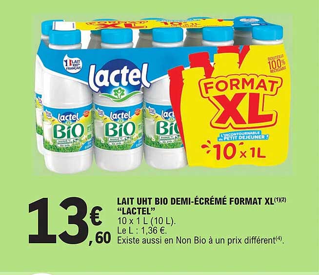 lait uht bio demi-écrémé format xl "lactel"