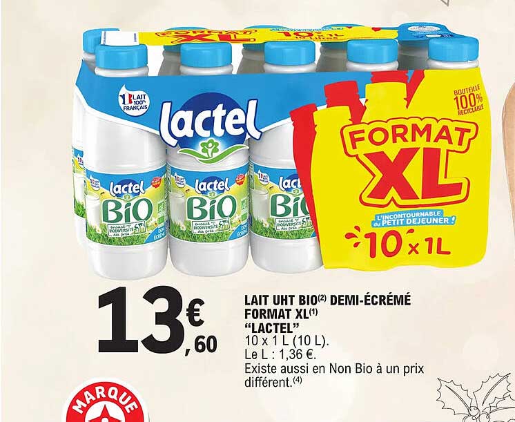 lait uht bio demi-écrémé format xl "lactel"