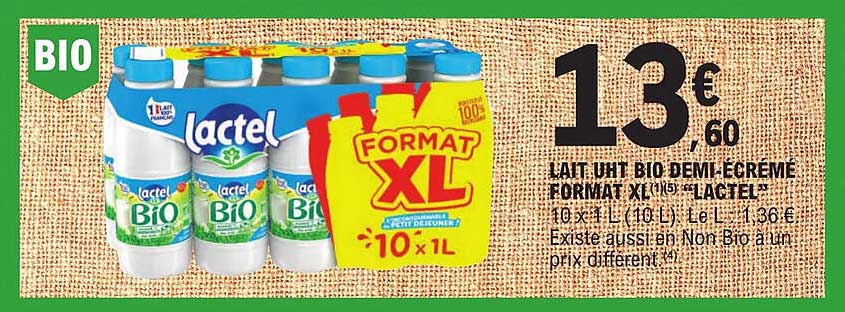 lait uht bio demi-écrémé format xl "lactel"