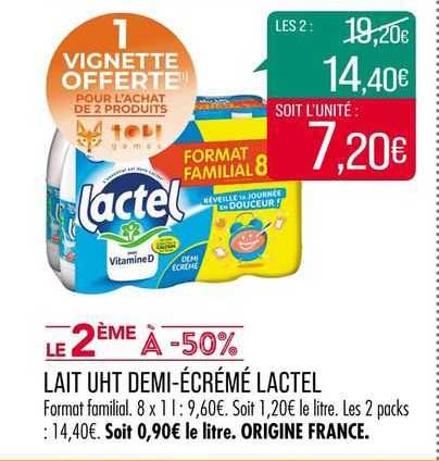 lait uht demi-écrémé lactel le 2ème à -50%