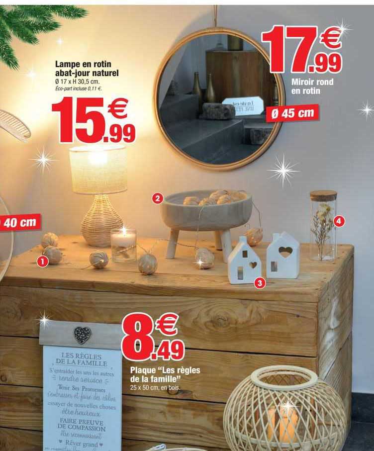 Lampe En Rotin Abat-jour Naturel, Miroir Rond En Rotin, Plaque "les Règles De La Famille"