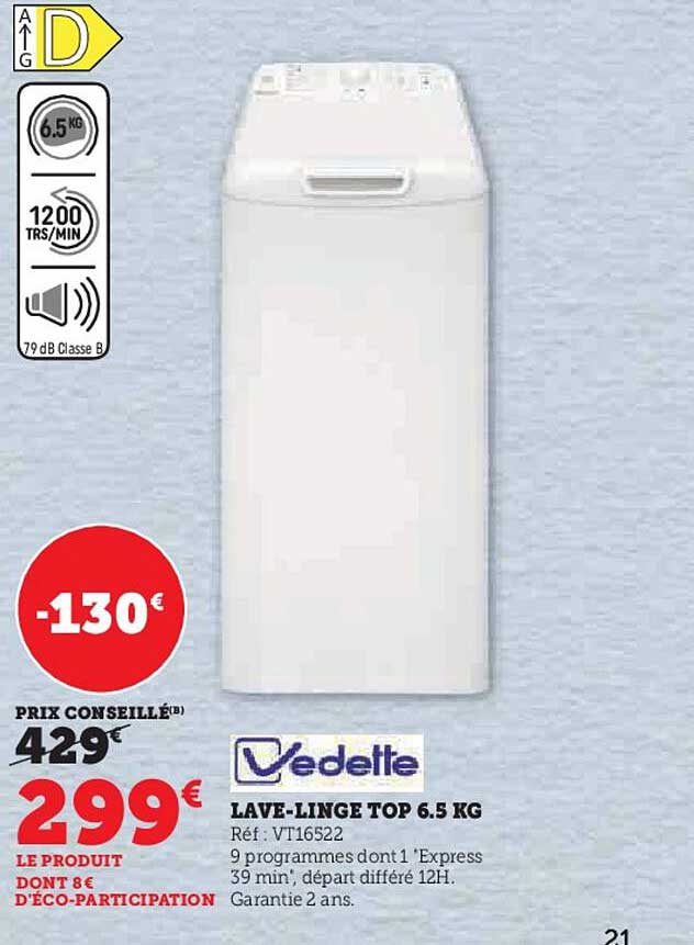 lave-linge top 6.5 kg vedette