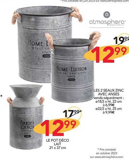 le pot déco lait, les 2 seaux zinc avec anses