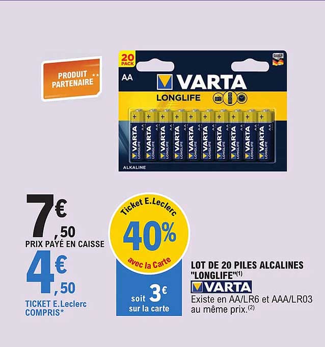 lot de 20 piles alcalines "longlife" varta