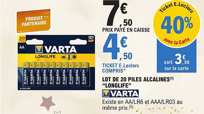 lot de 20 piles alcalines "longlife" varta