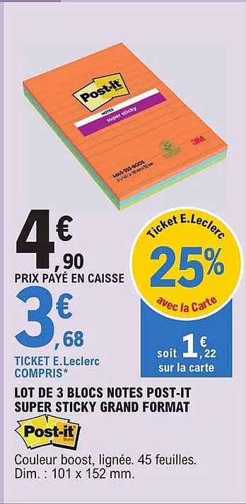 lot de 3 blocs notes post-it super sticky grand format