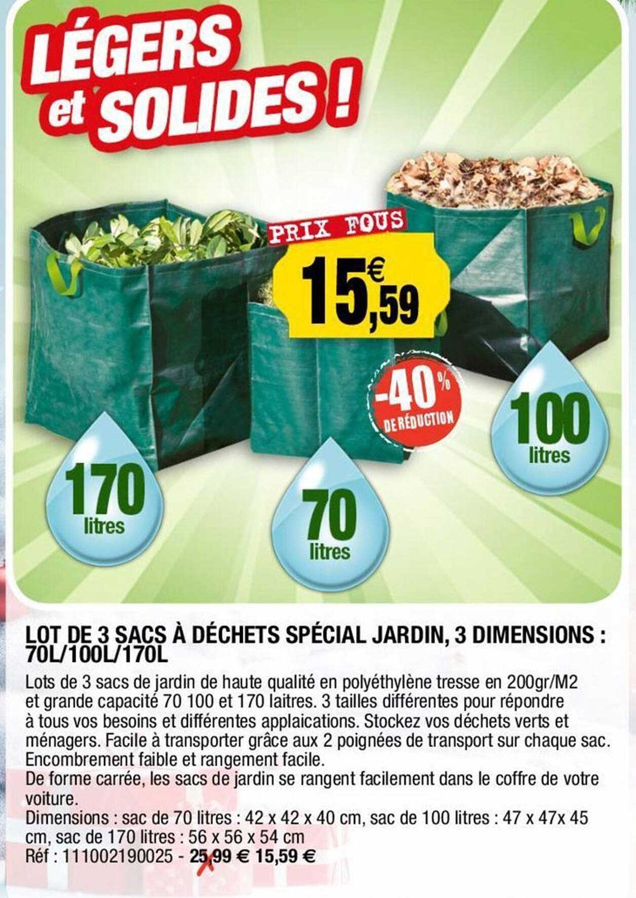 lot de 3 sacs à déchets spécial jardin, 3 dimensions : 70 l/100 l/170 l