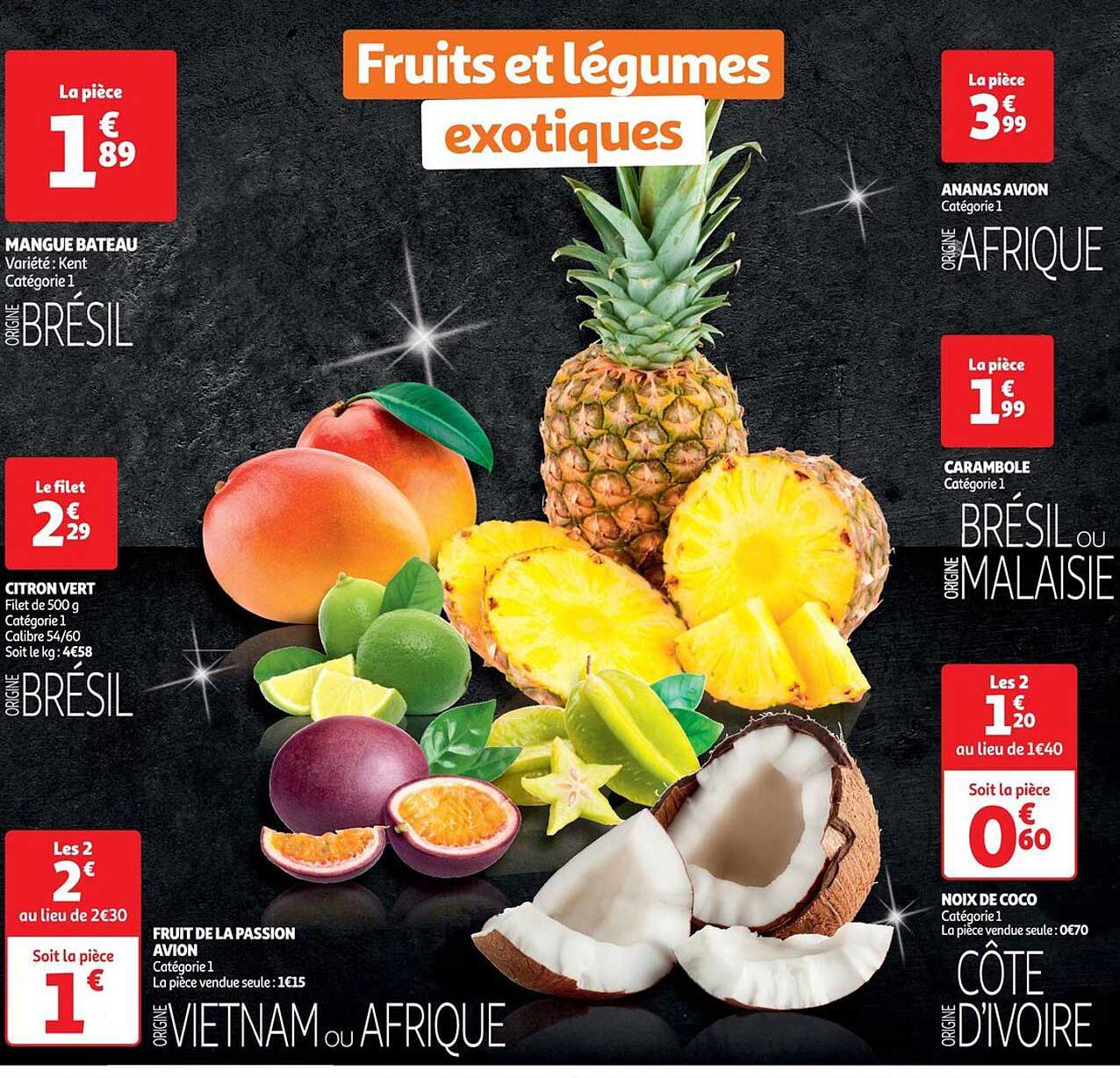 mangue bateau, citron vert, fruit de la passion avion, ananas avion, carambole, noix de coco