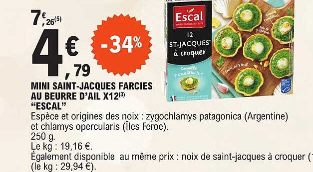 mini saint-jacques farcies au beurre d'ail x 12 "escal"